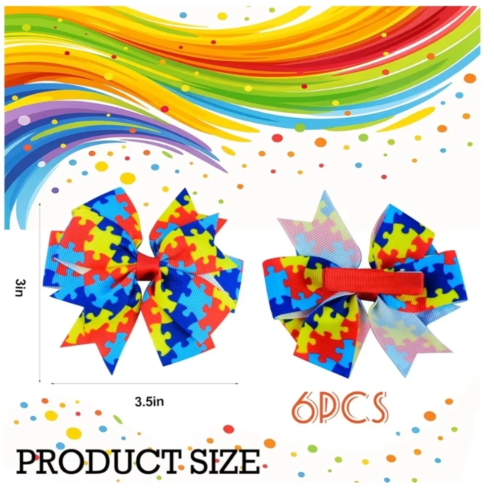6PCS Autism Awareness Hair Bows